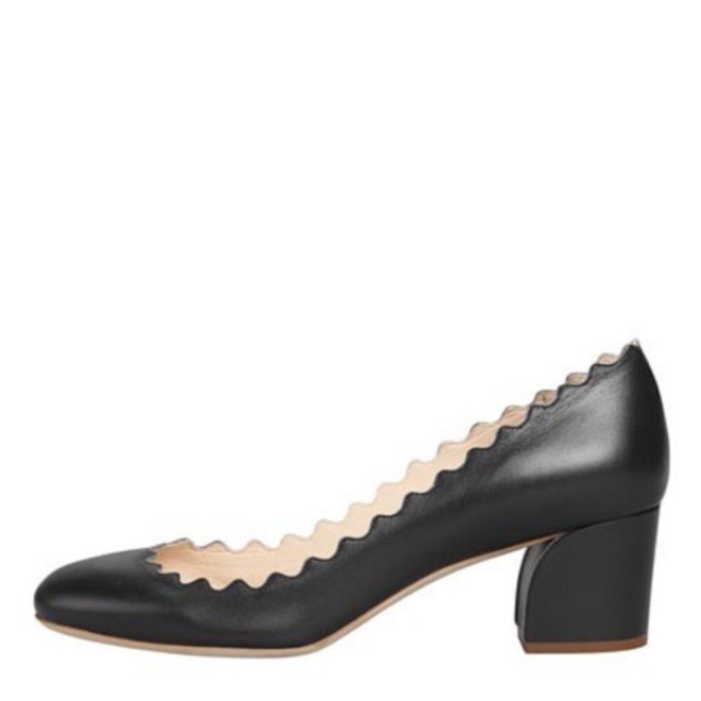 CHLOE Lauren Scalloped Leather Pumps Curved Block Heels Slip On 37.5 / 7.5 Black - Picture 16 of 16